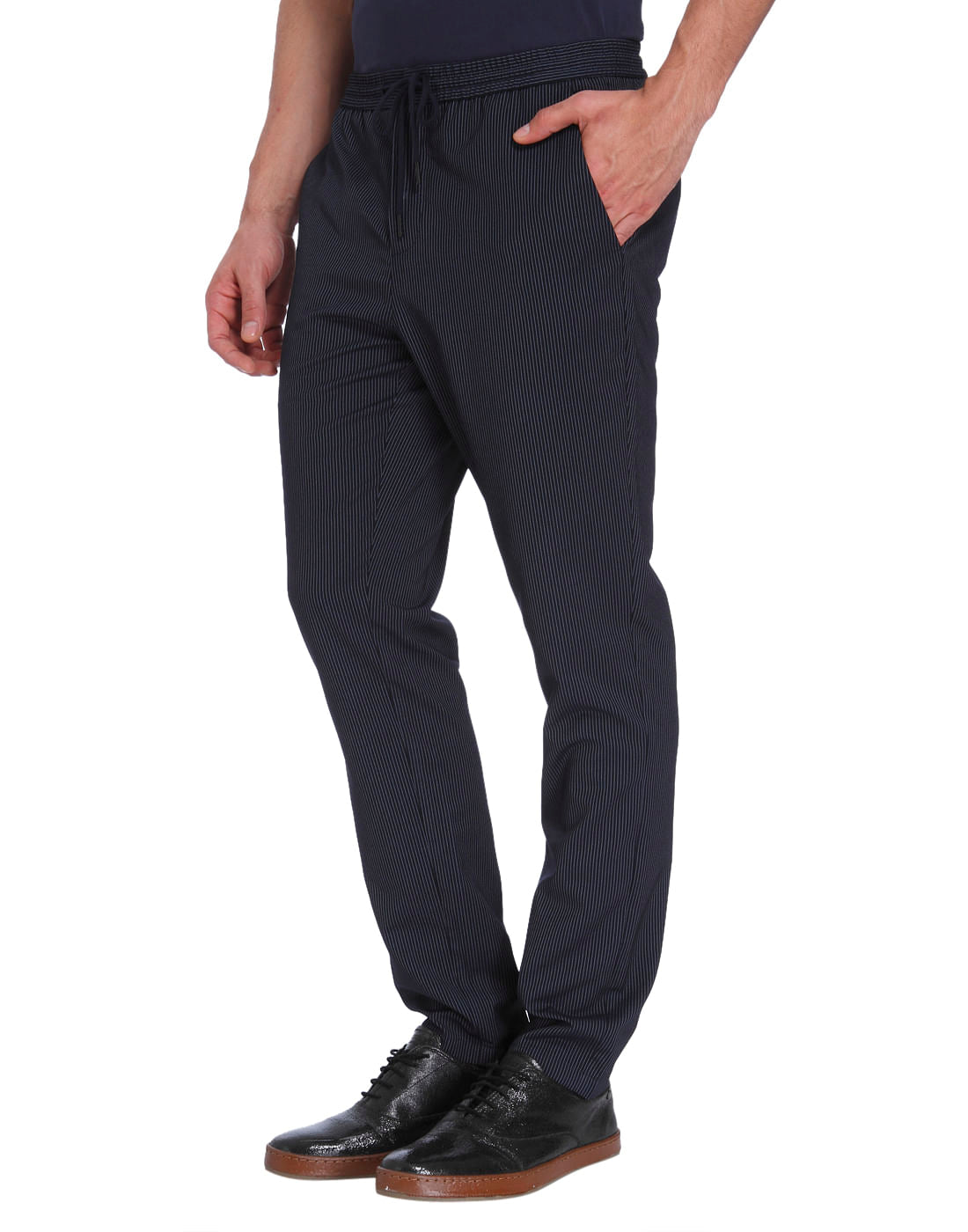 Dark Blue Striped Drawstring Slim Sweatpants