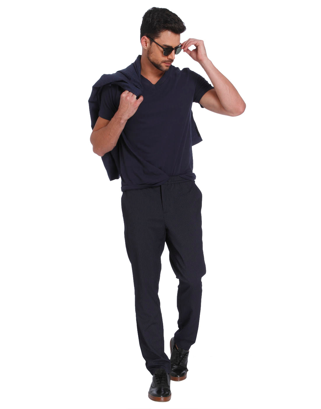 Dark Blue Striped Drawstring Slim Sweatpants