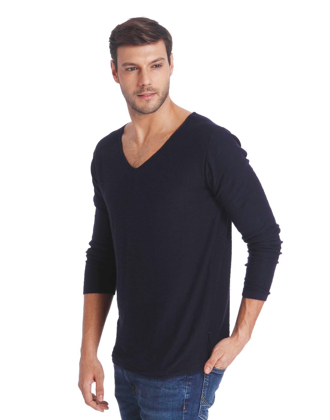 Dark Blue V-Neck Knit Pullover