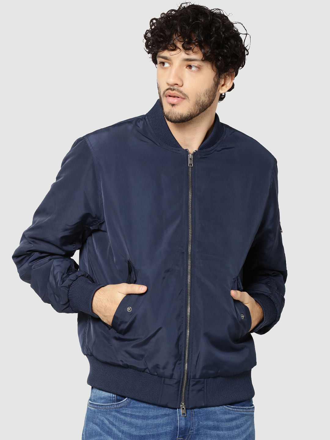 Dark Blue Ruched Sleeves Bomber Jacket