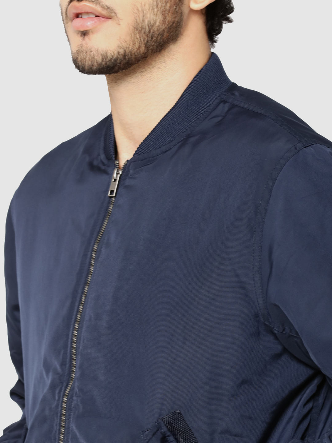 Dark Blue Ruched Sleeves Bomber Jacket