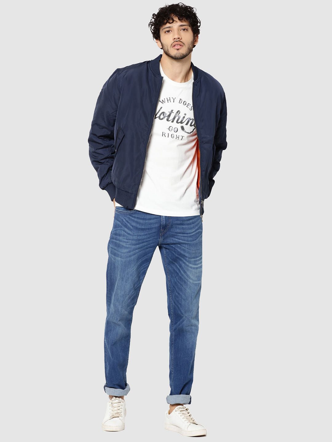 Dark Blue Ruched Sleeves Bomber Jacket