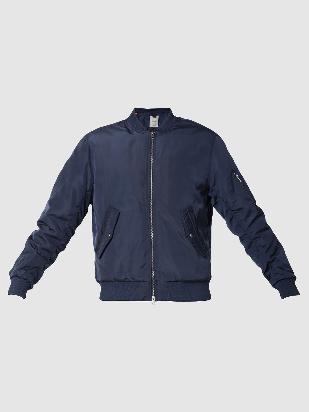 Dark Blue Ruched Sleeves Bomber Jacket