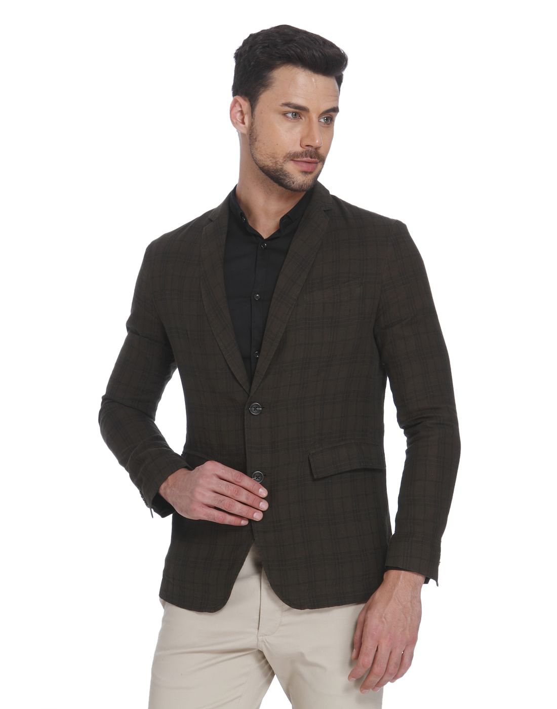 Olive Green Check Linen Blazer - 46