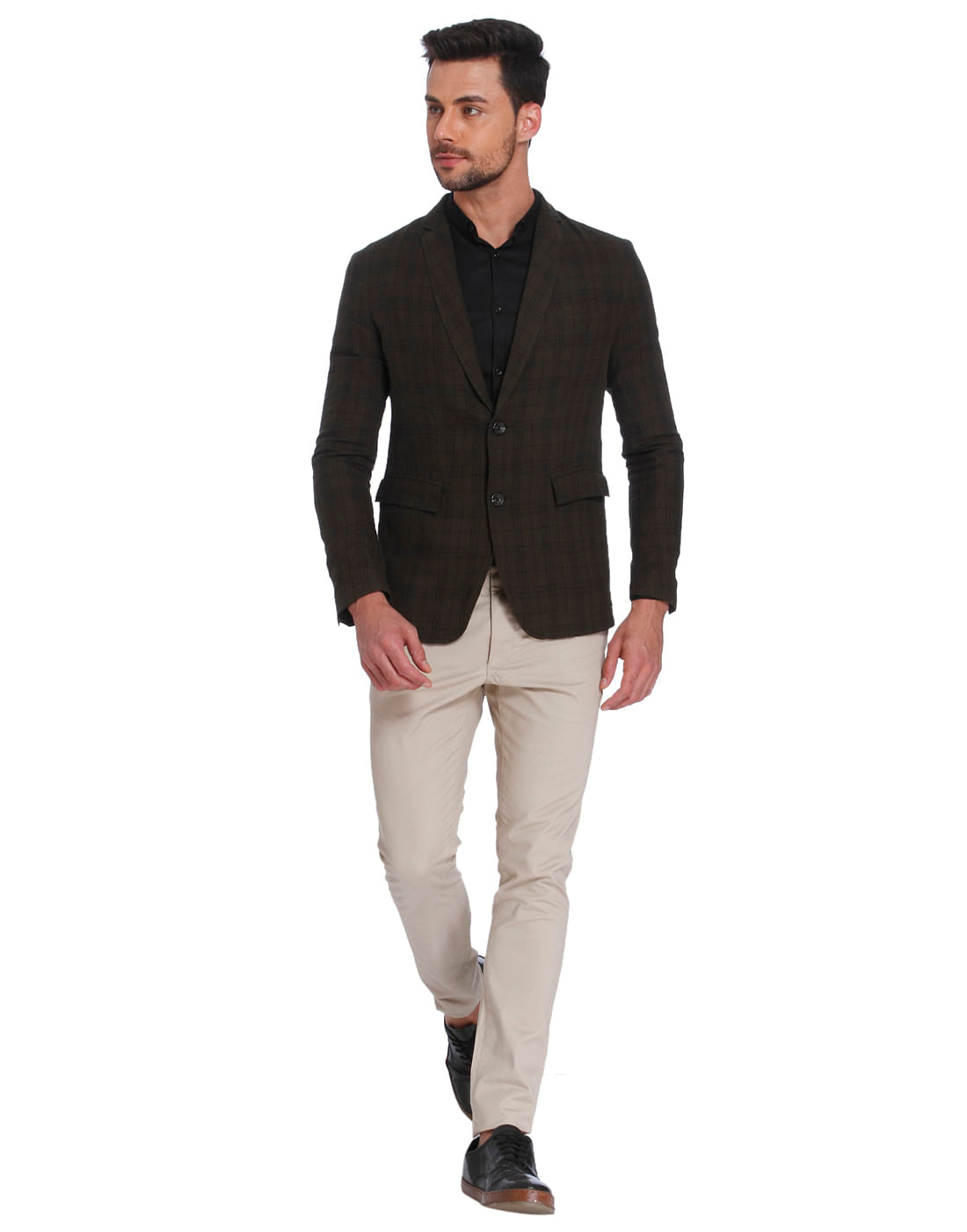 Olive Green Check Linen Blazer