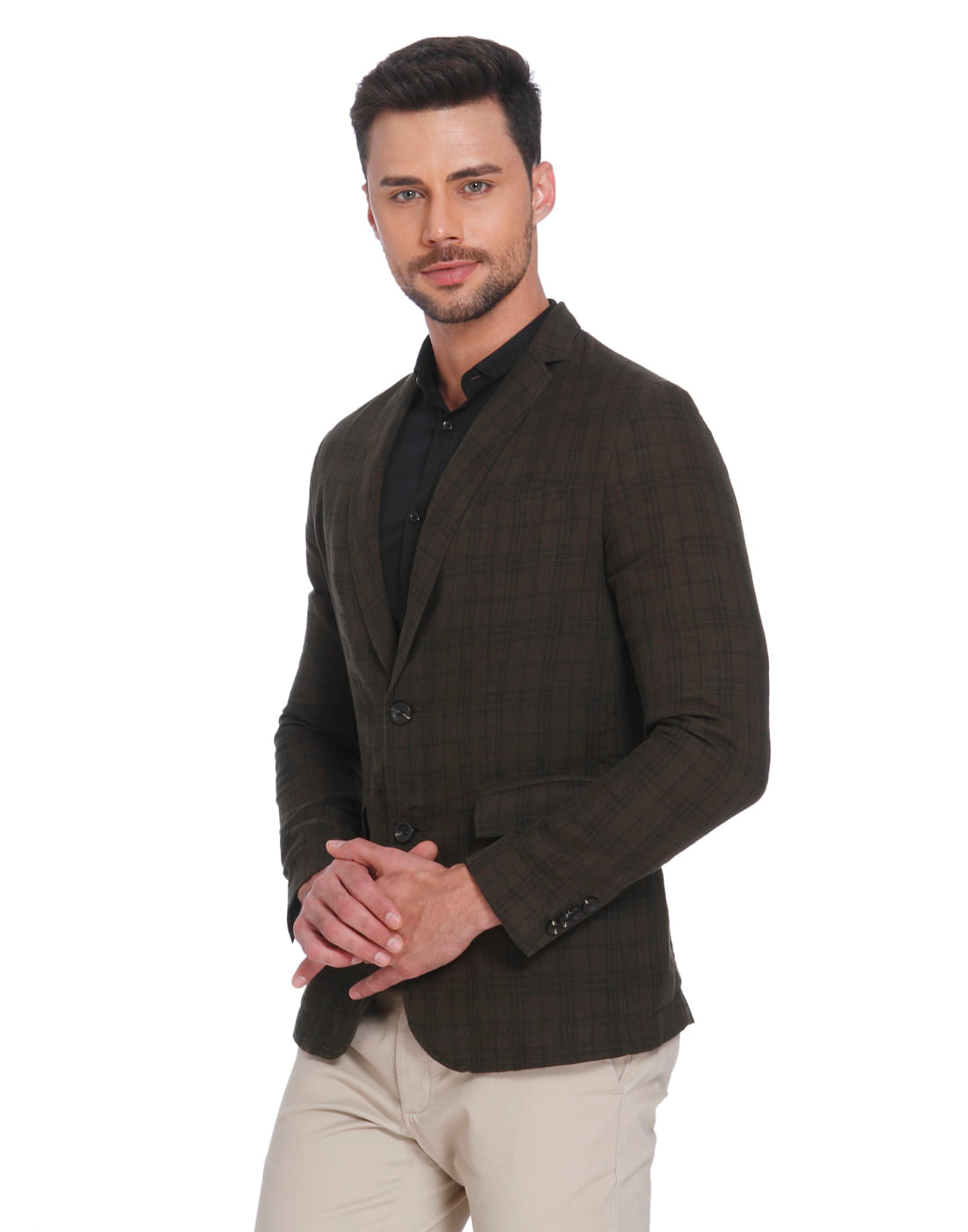 Olive Green Check Linen Blazer