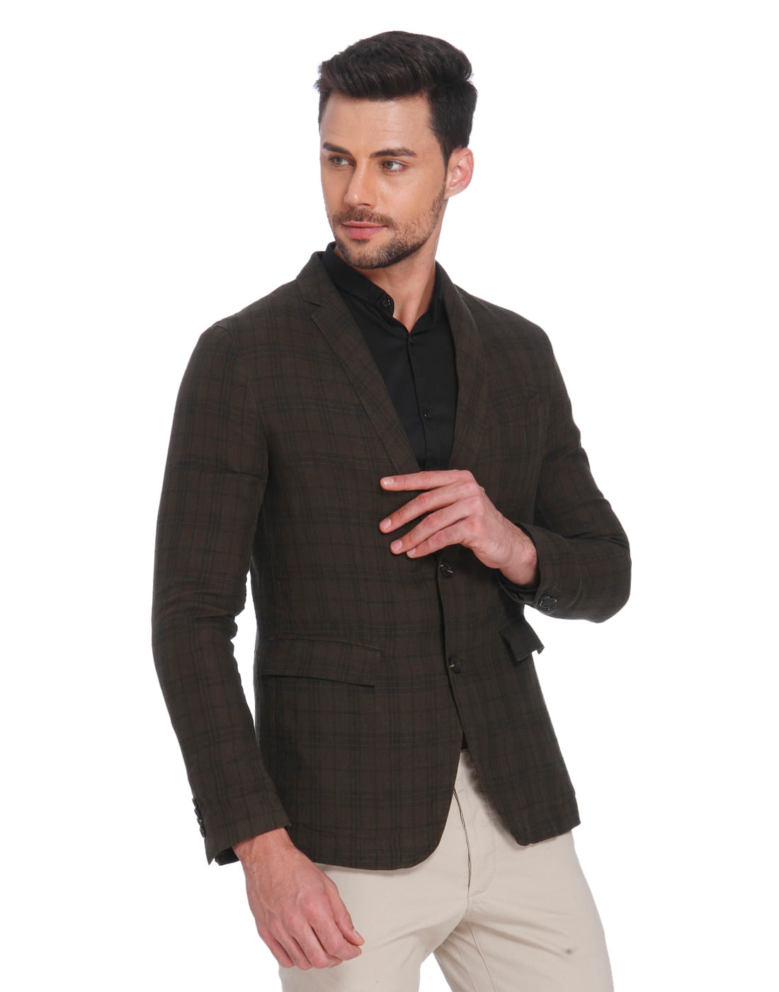 Olive Green Check Linen Blazer