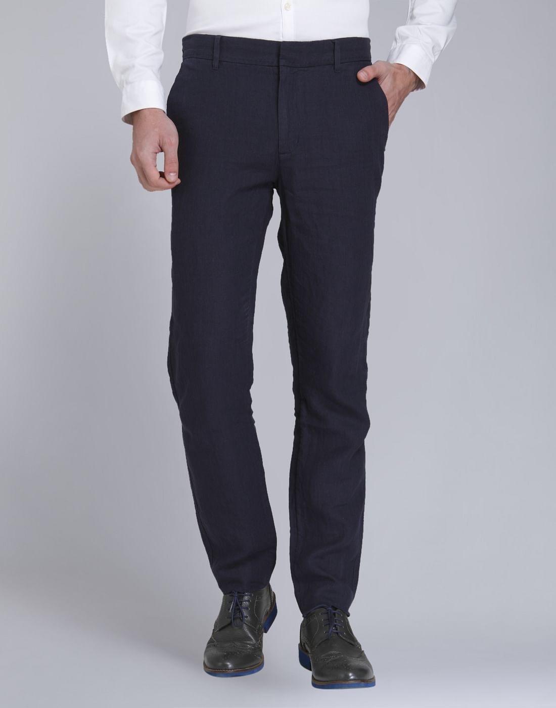 Dark Blue Regular Fit Linen Trousers - 46