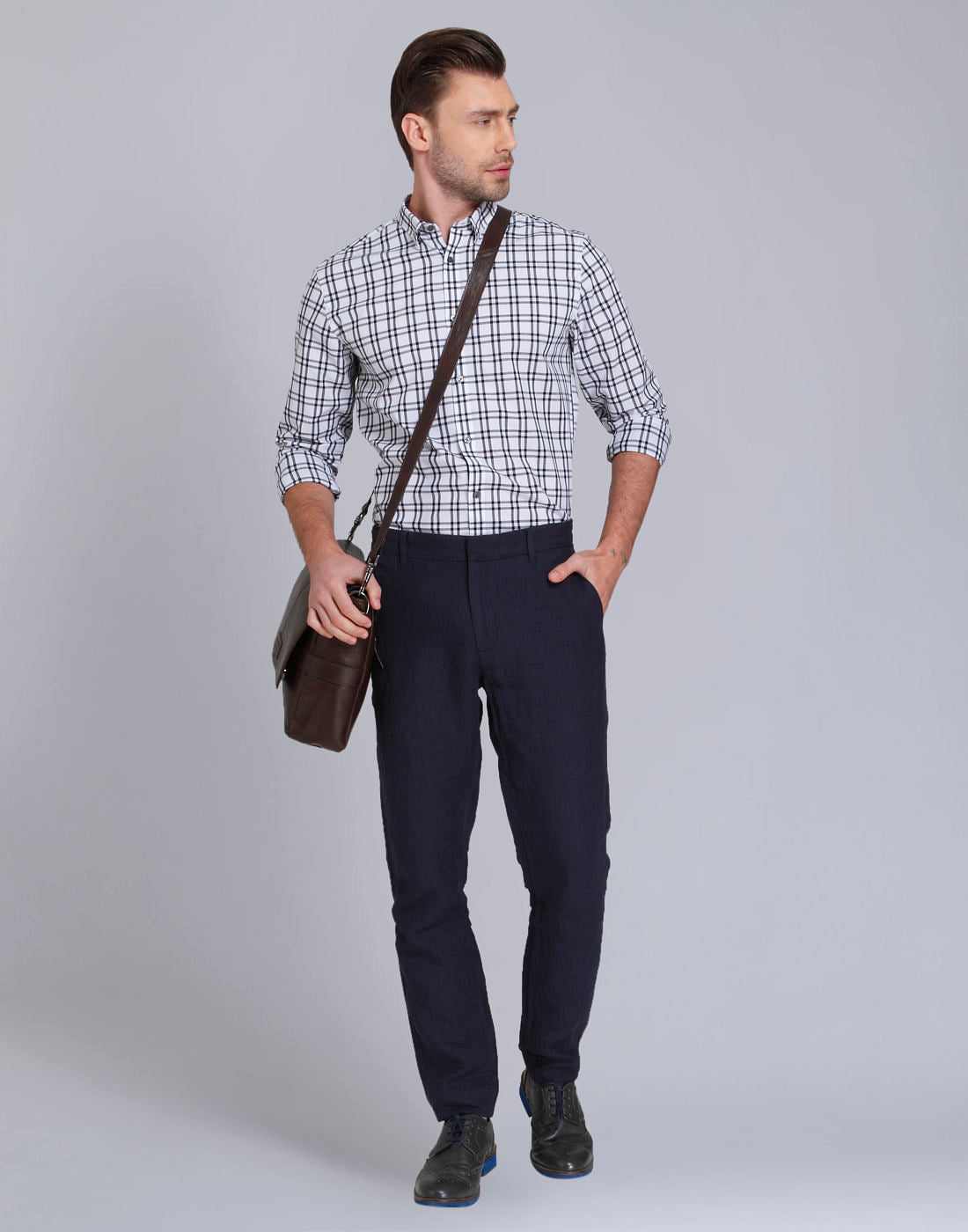 Dark Blue Regular Fit Linen Trousers