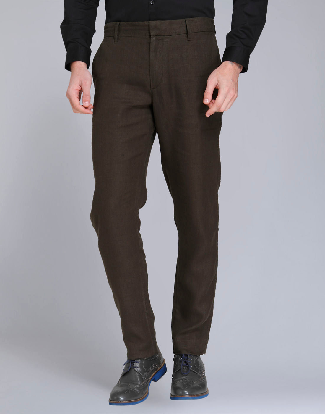 Olive Green Regular Fit Linen Trousers - 46