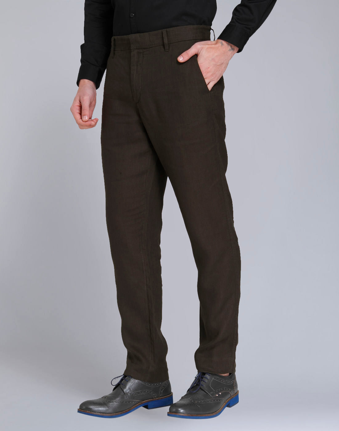 Olive Green Regular Fit Linen Trousers