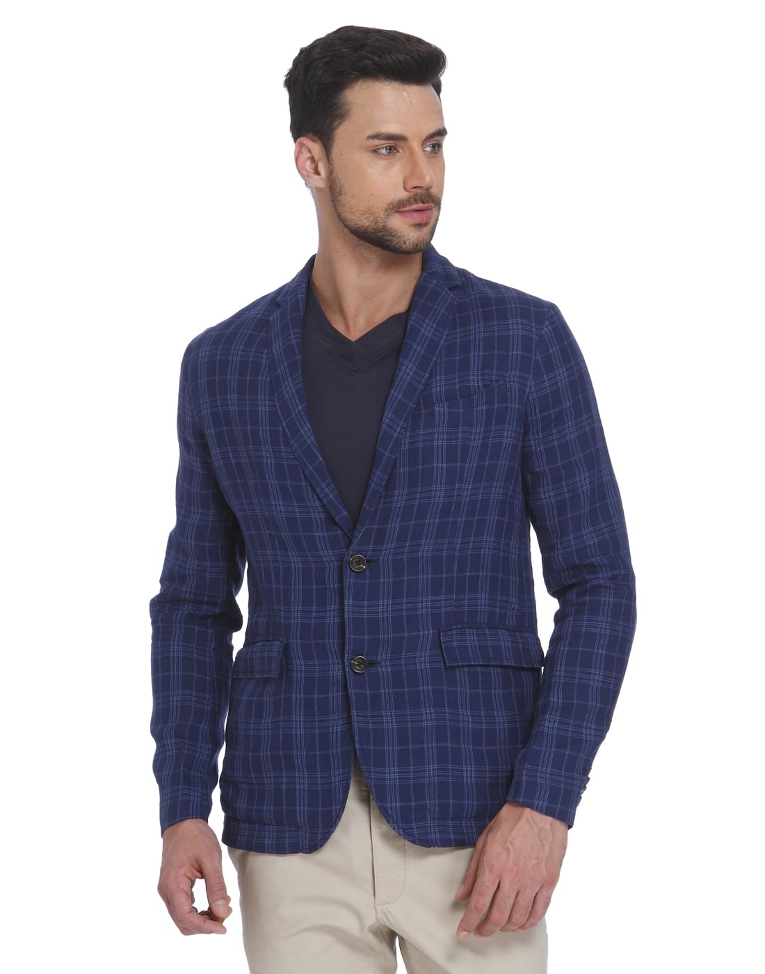 Blue Check Linen Blazer - 46