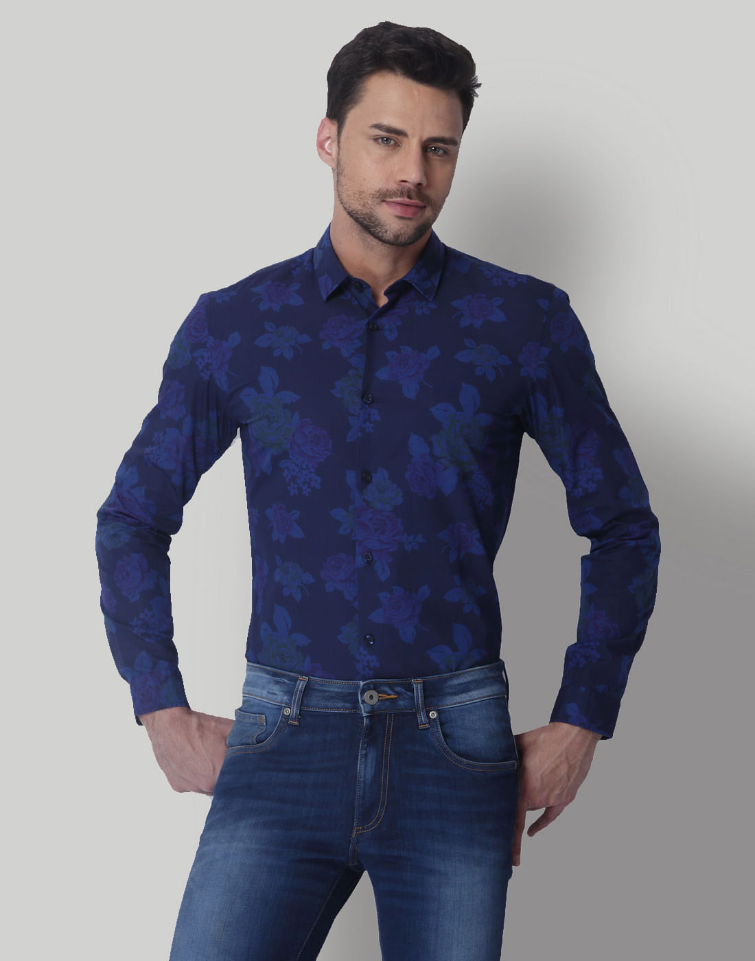 Blue Floral Print Slim Fit Shirt
