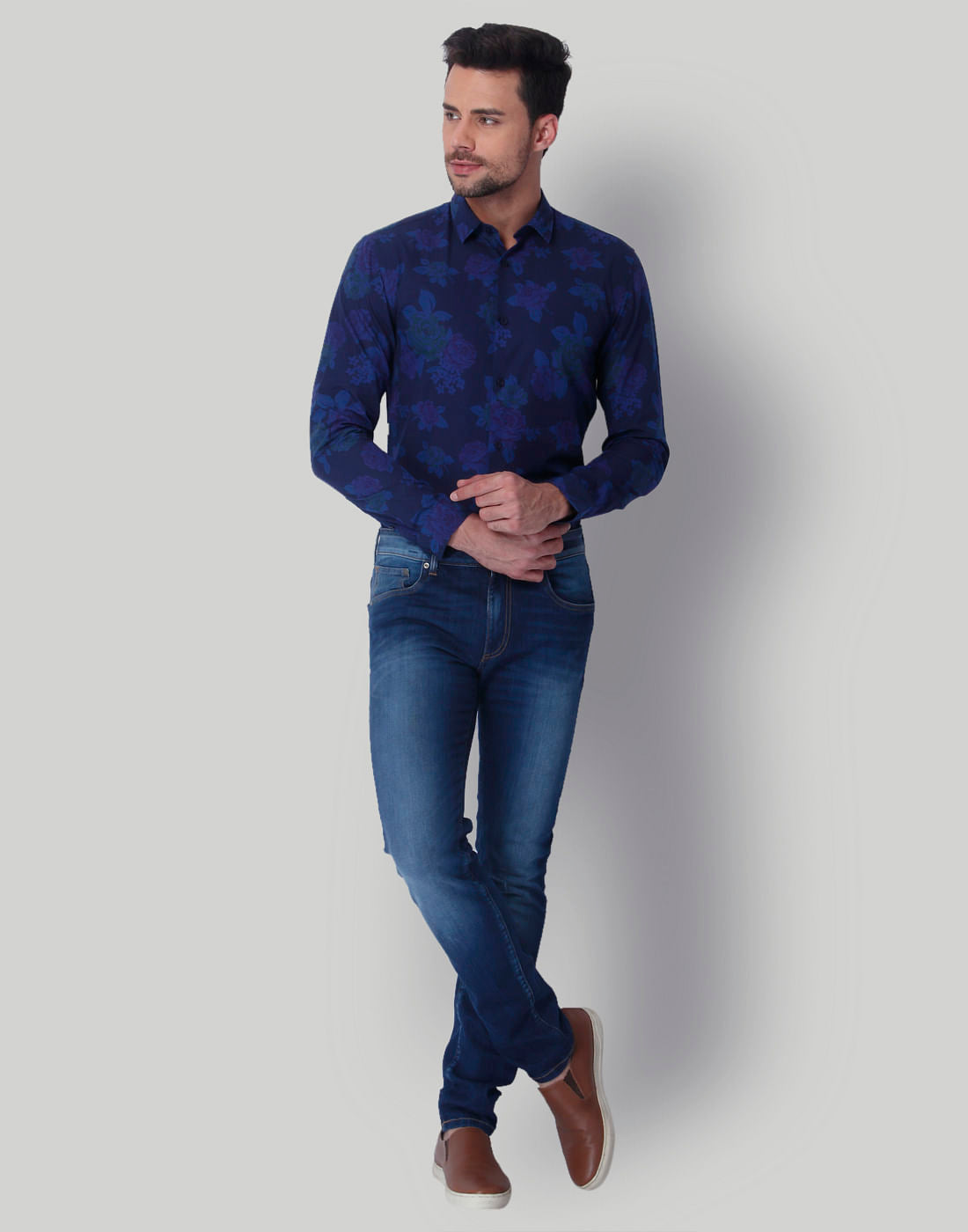 Blue Floral Print Slim Fit Shirt