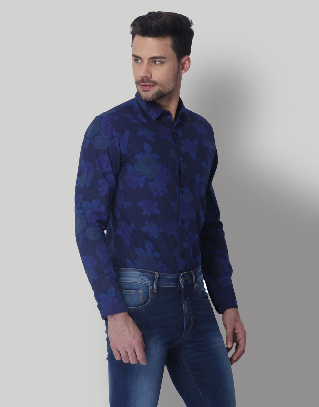 Blue Floral Print Slim Fit Shirt