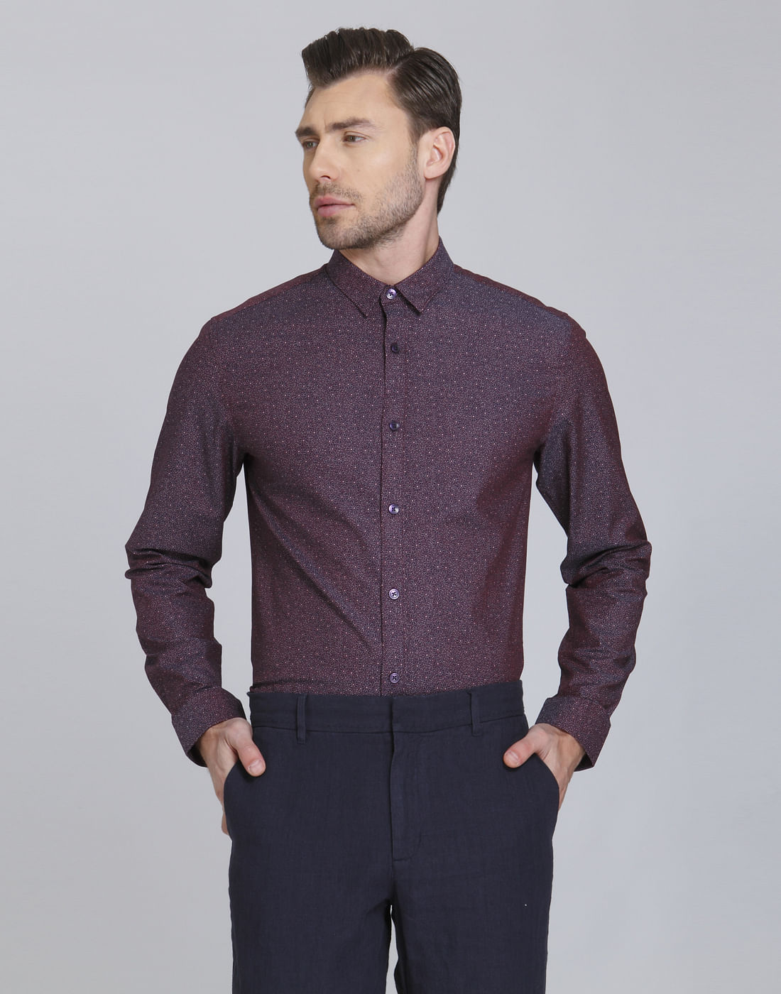 Maroon All Over Print Slim Fit Shirt - S