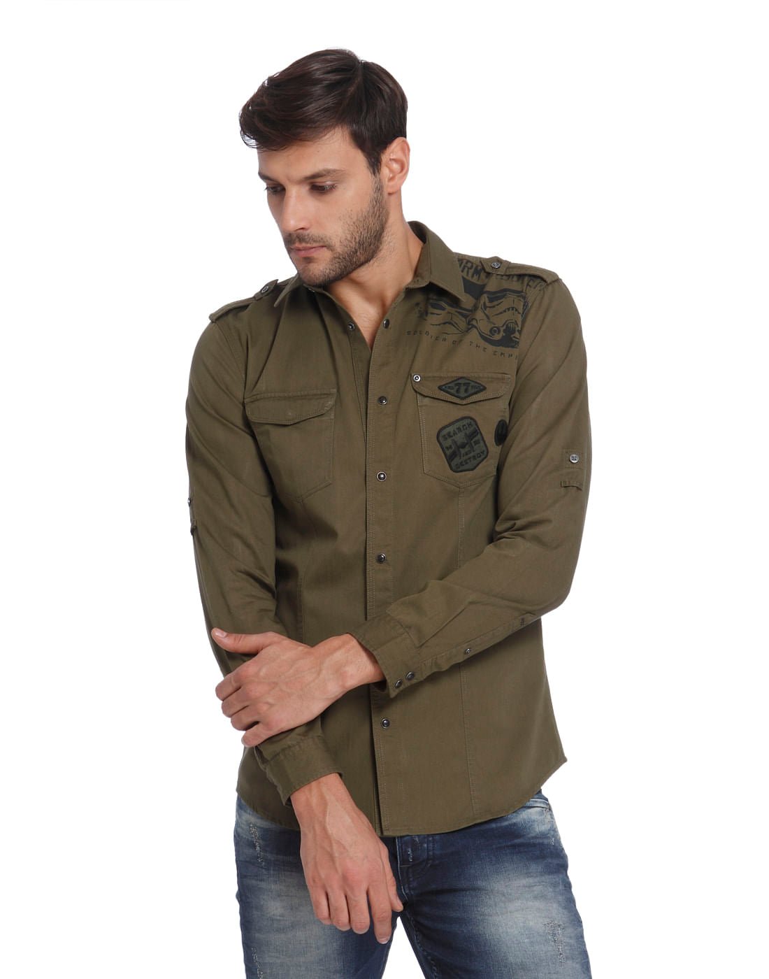 Star Wars Army Green Graphic Print Slim Fit Shirt
