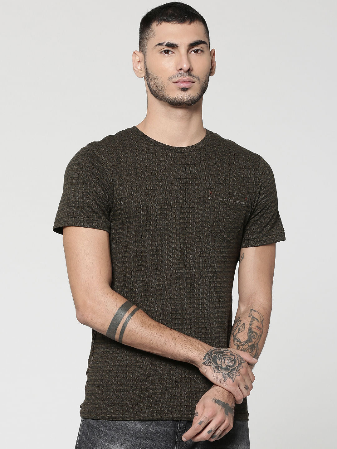 Dark Green Jacquard Crew Neck T-Shirt - S