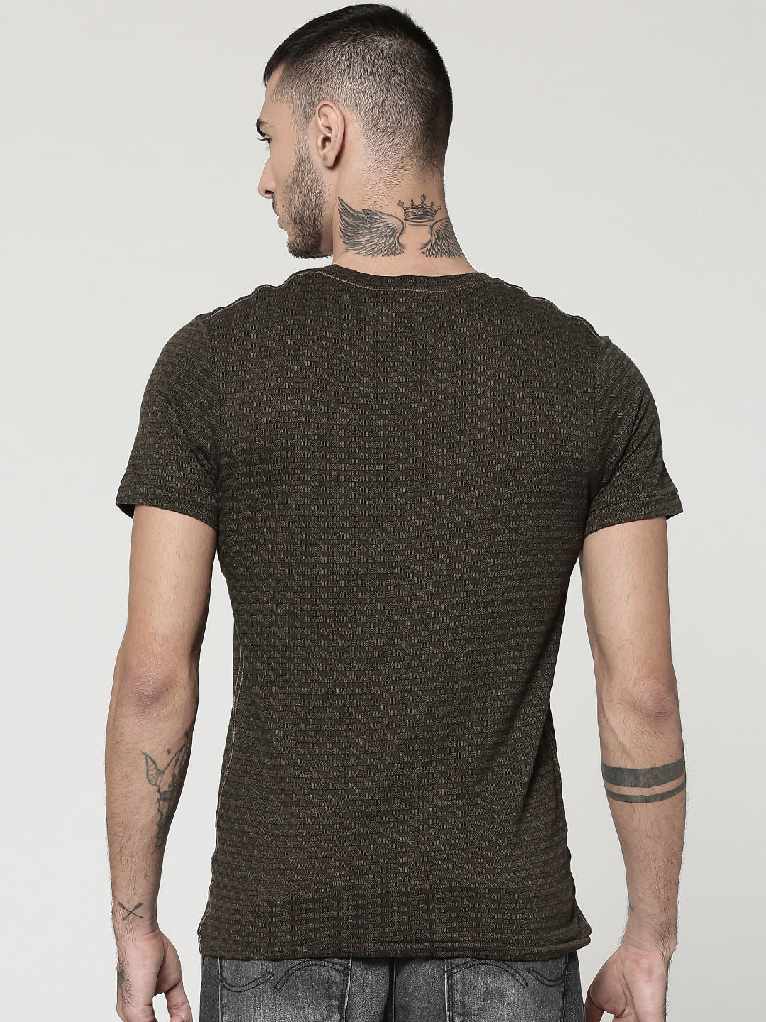 Dark Green Jacquard Crew Neck T-Shirt