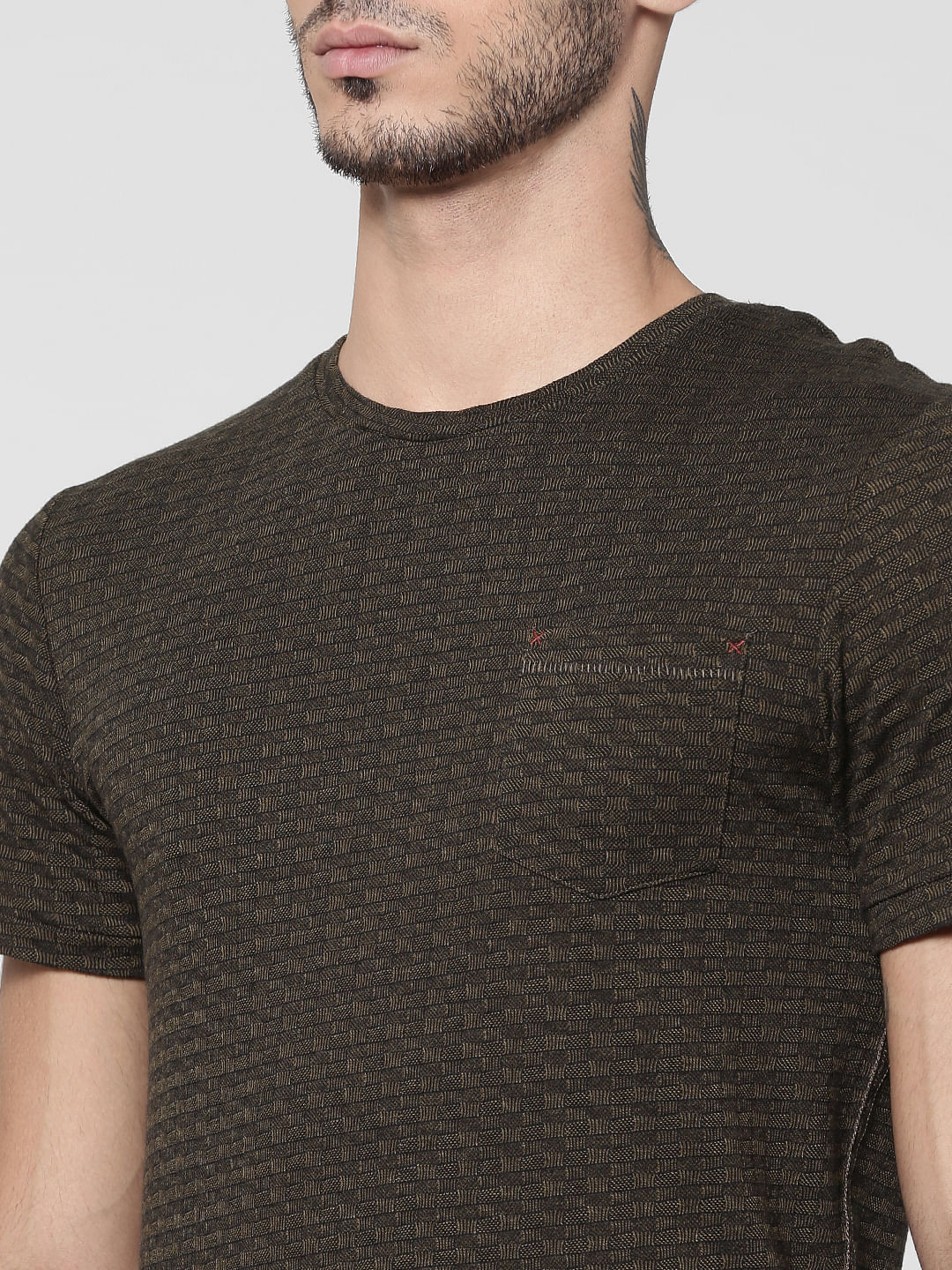 Dark Green Jacquard Crew Neck T-Shirt