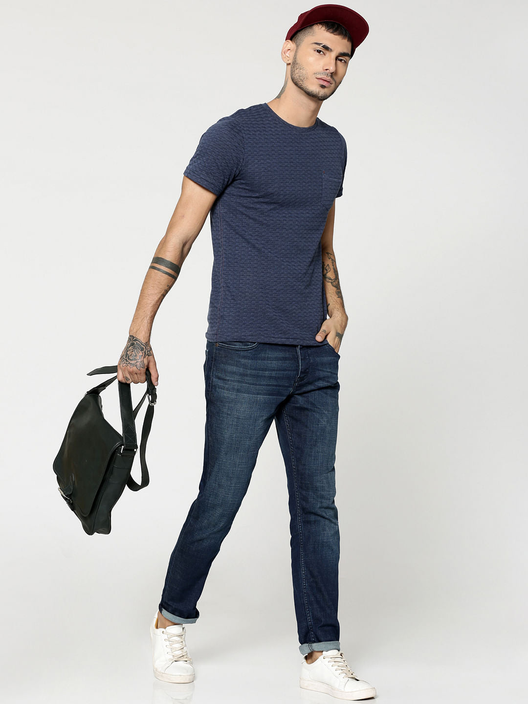Blue Jacquard Crew Neck T-Shirt