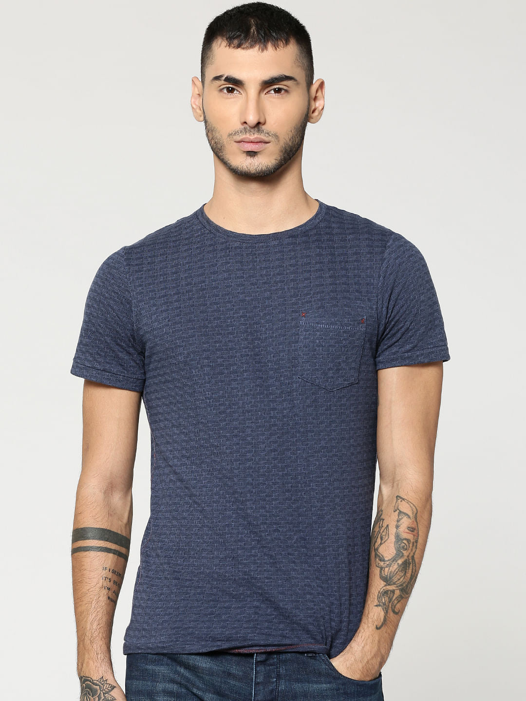 Blue Jacquard Crew Neck T-Shirt - S