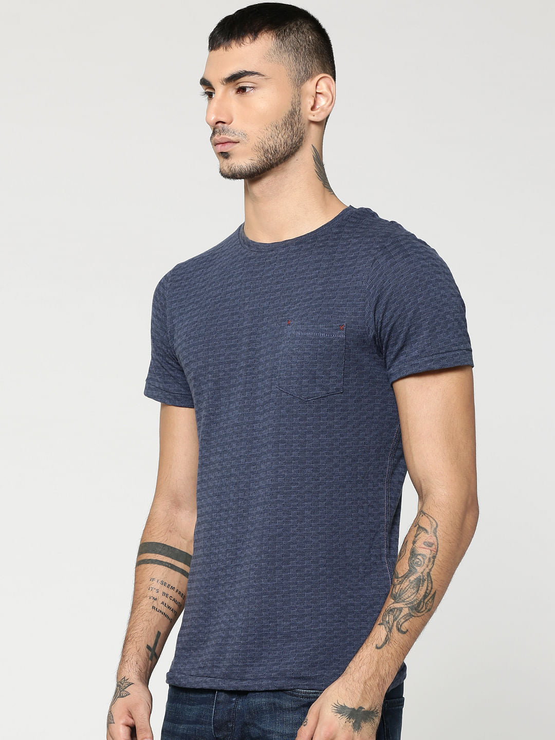 Blue Jacquard Crew Neck T-Shirt