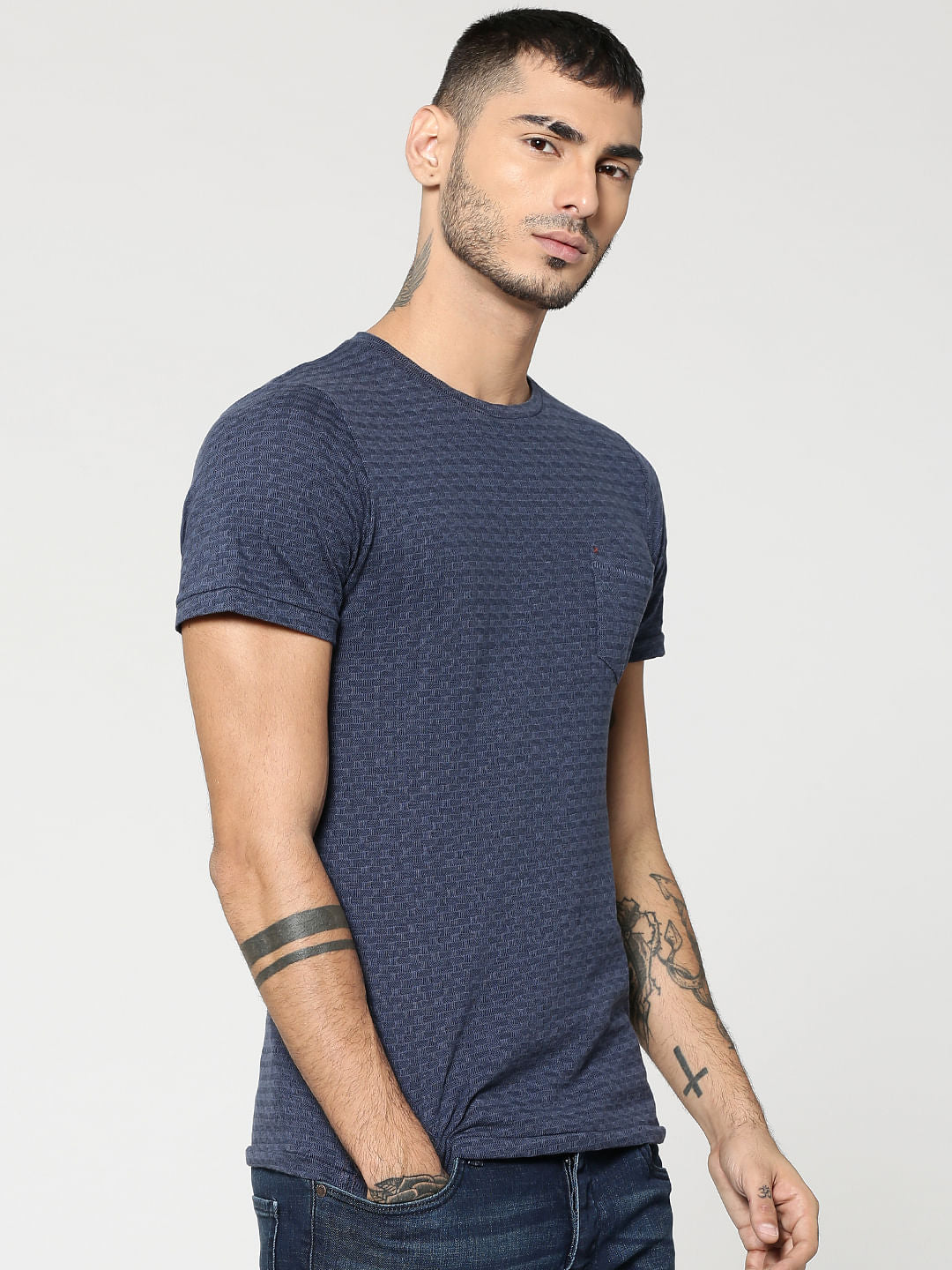 Blue Jacquard Crew Neck T-Shirt