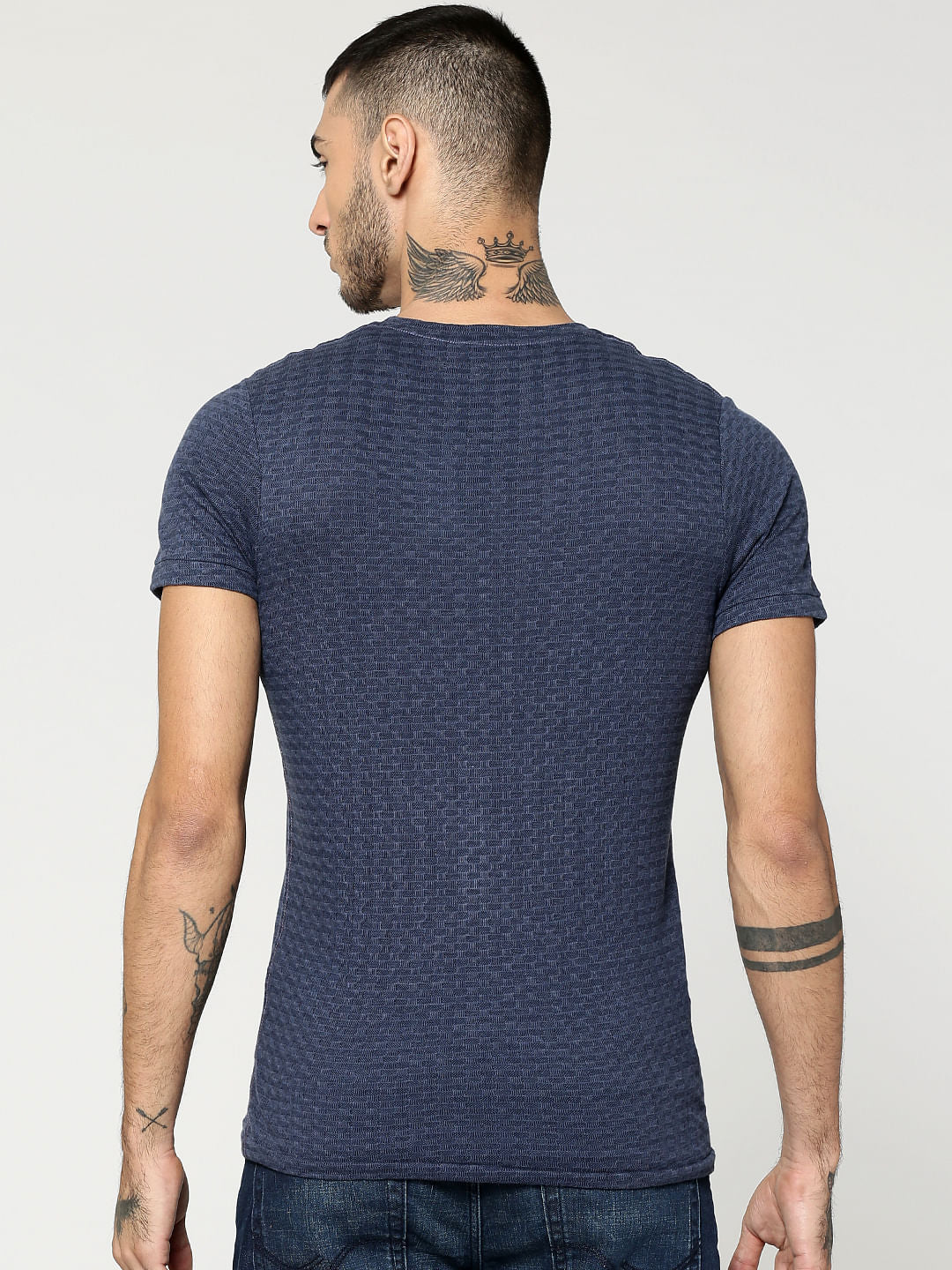 Blue Jacquard Crew Neck T-Shirt