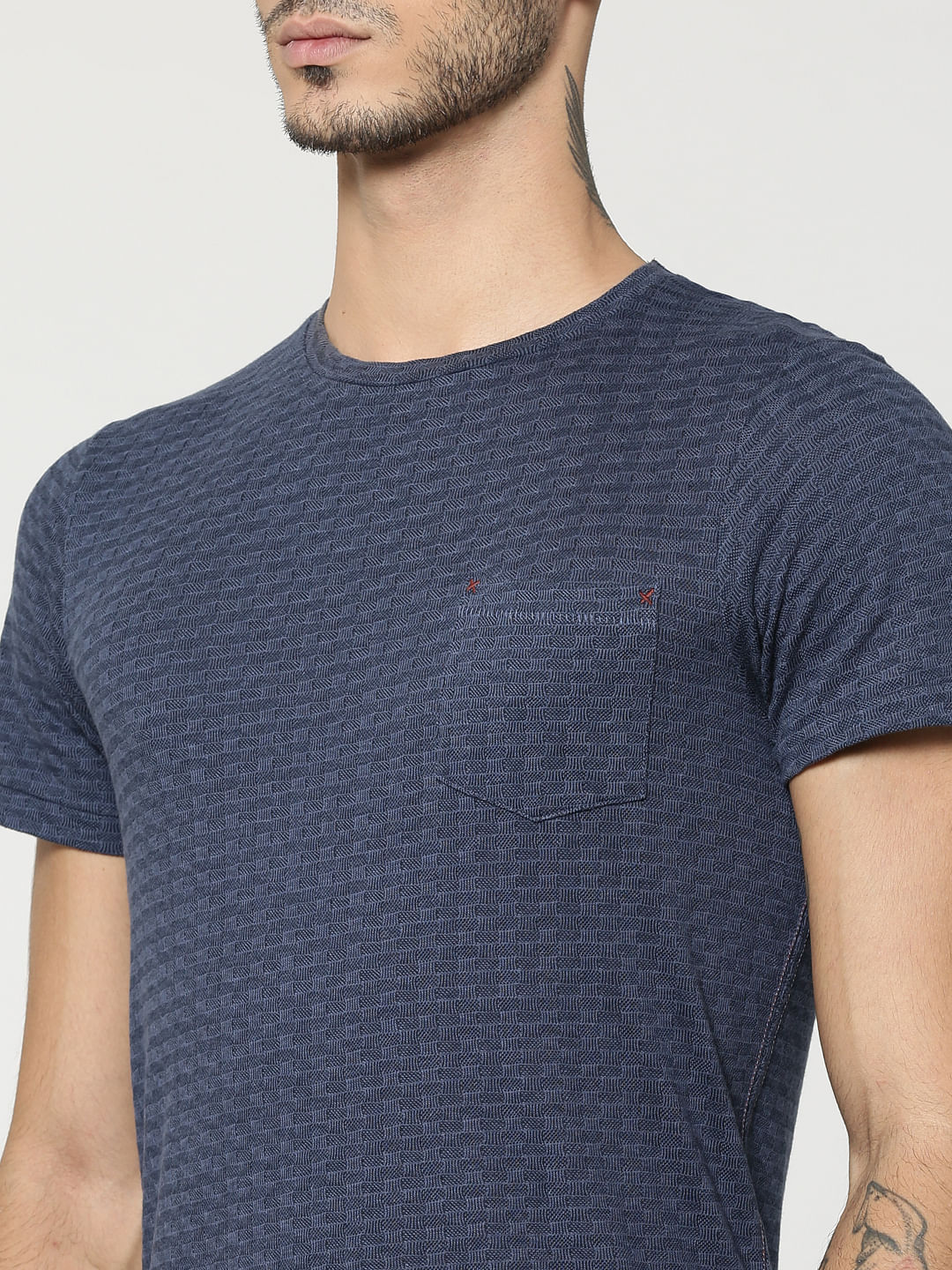 Blue Jacquard Crew Neck T-Shirt