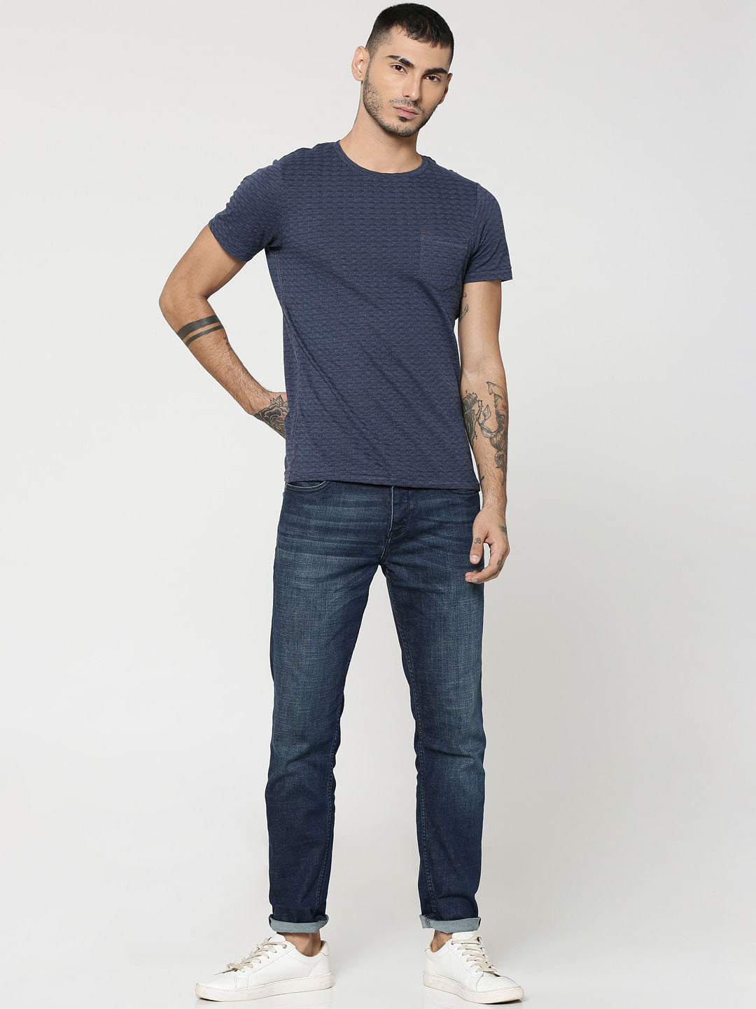 Blue Jacquard Crew Neck T-Shirt