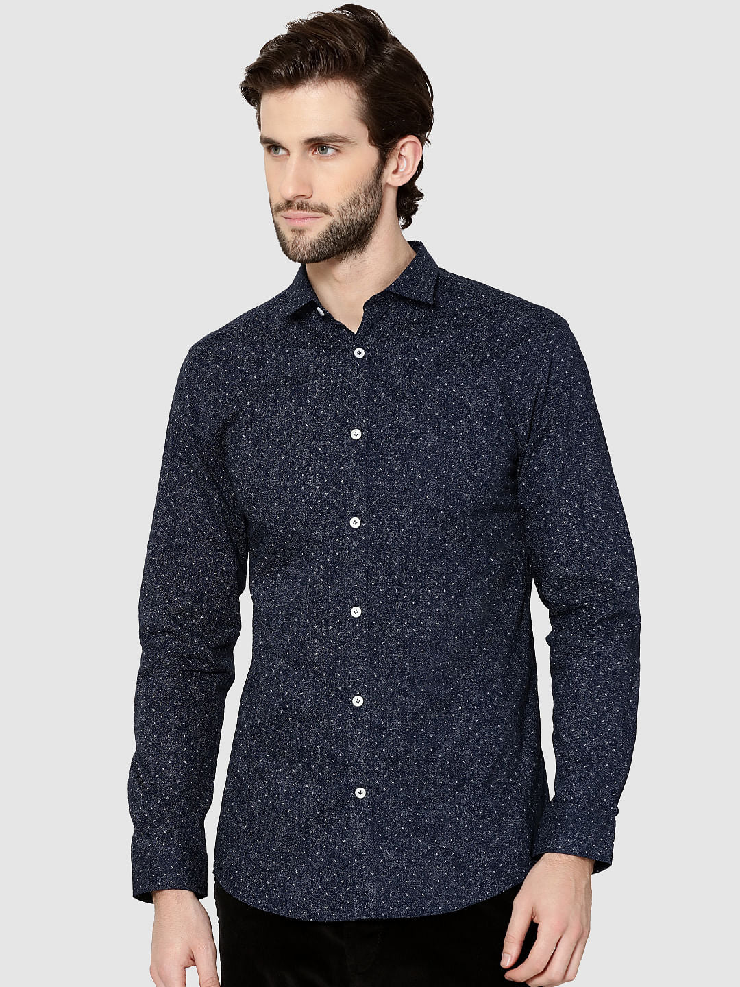 Dark Blue All Over Print Full Sleeves Slim Fit Shirt - S