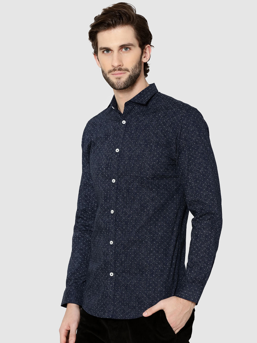 Dark Blue All Over Print Full Sleeves Slim Fit Shirt