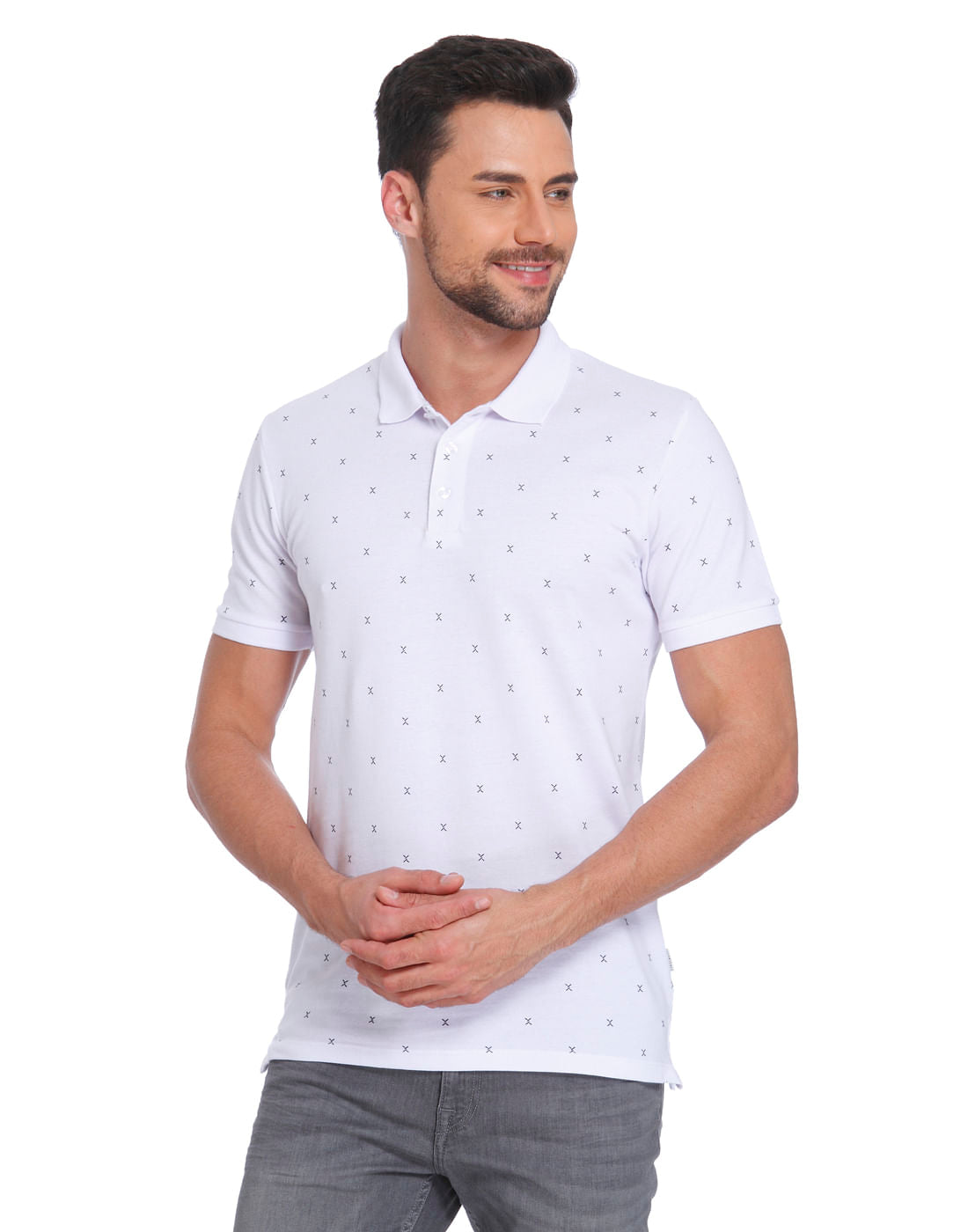 White All Over Print Polo T-Shirt - S