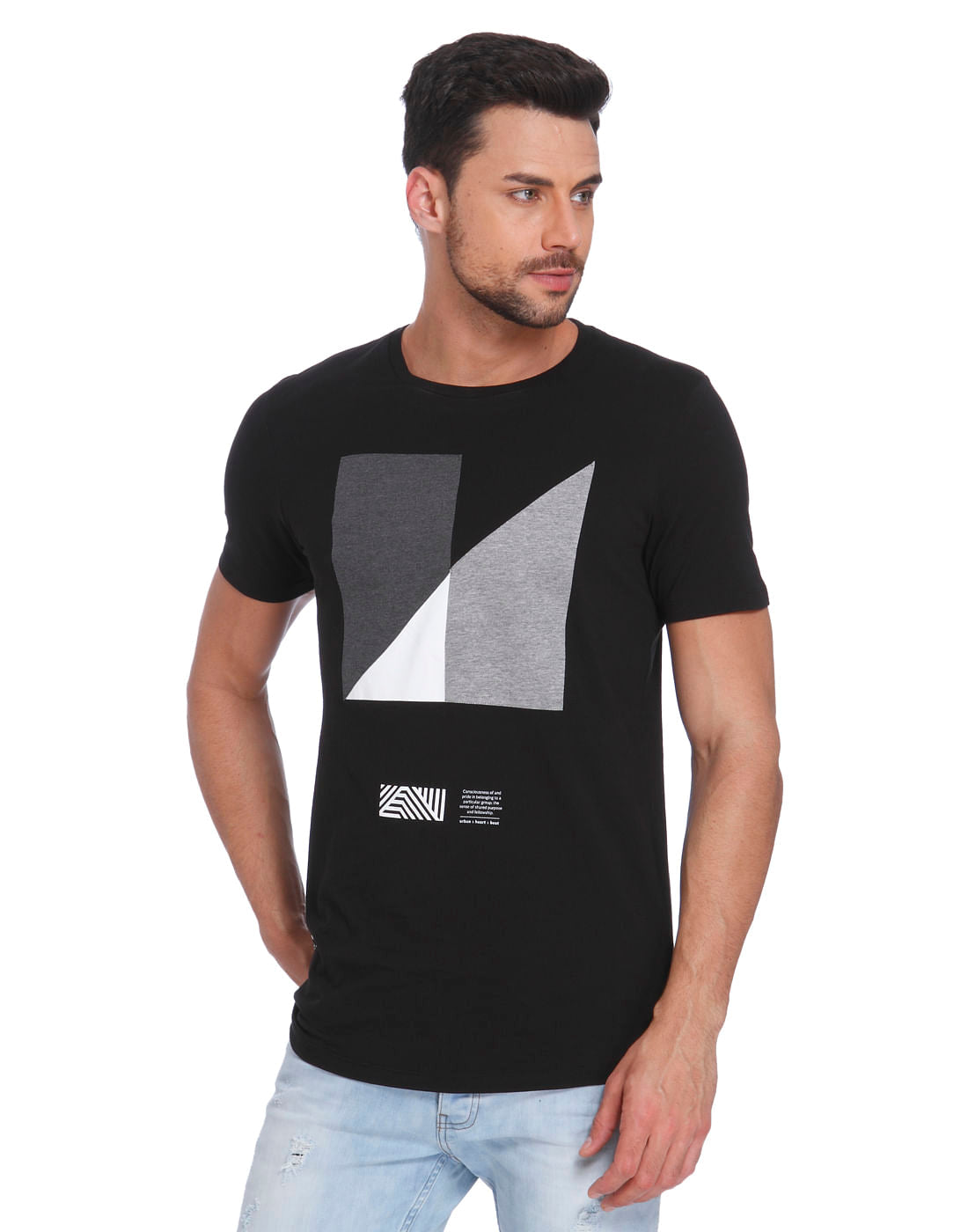 Black & Grey Print Crew Neck T-Shirt - S
