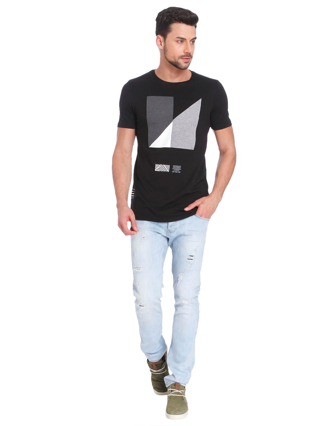 Black & Grey Print Crew Neck T-Shirt