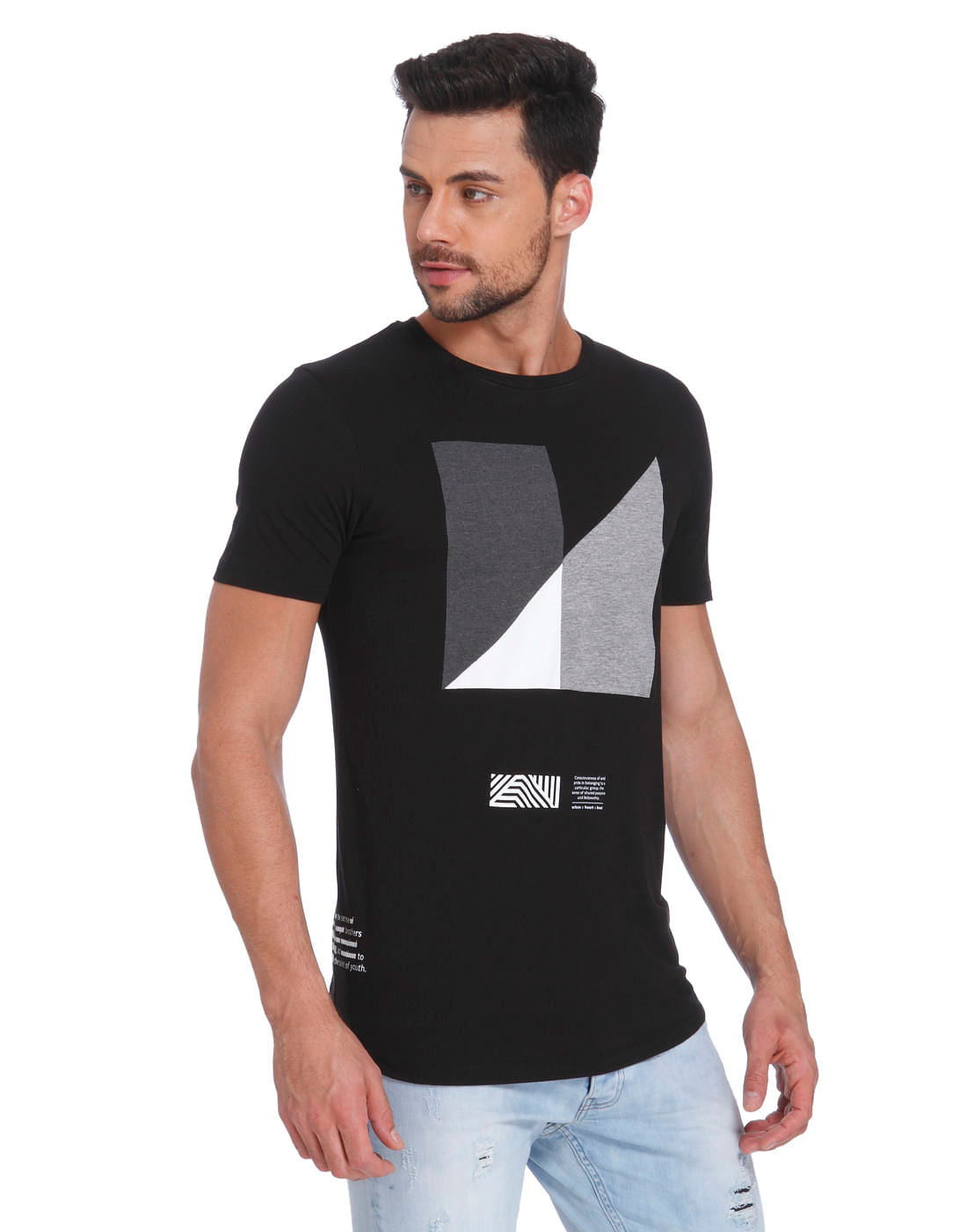 Black & Grey Print Crew Neck T-Shirt