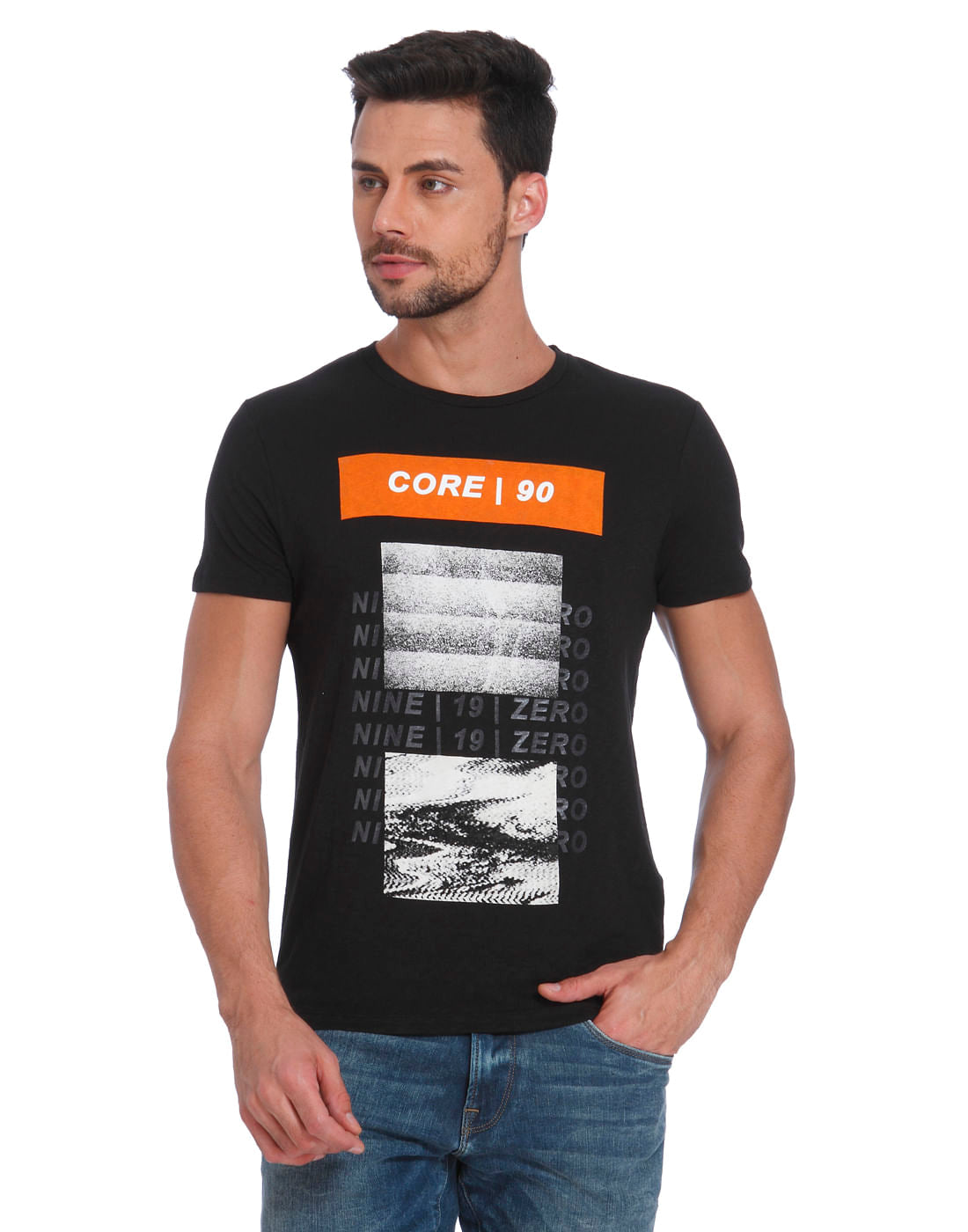 Black Graphic Print Crew Neck T-Shirt - S