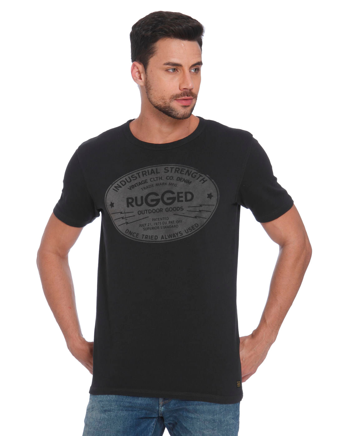 Black Text Print Crew Neck T-Shirt - S