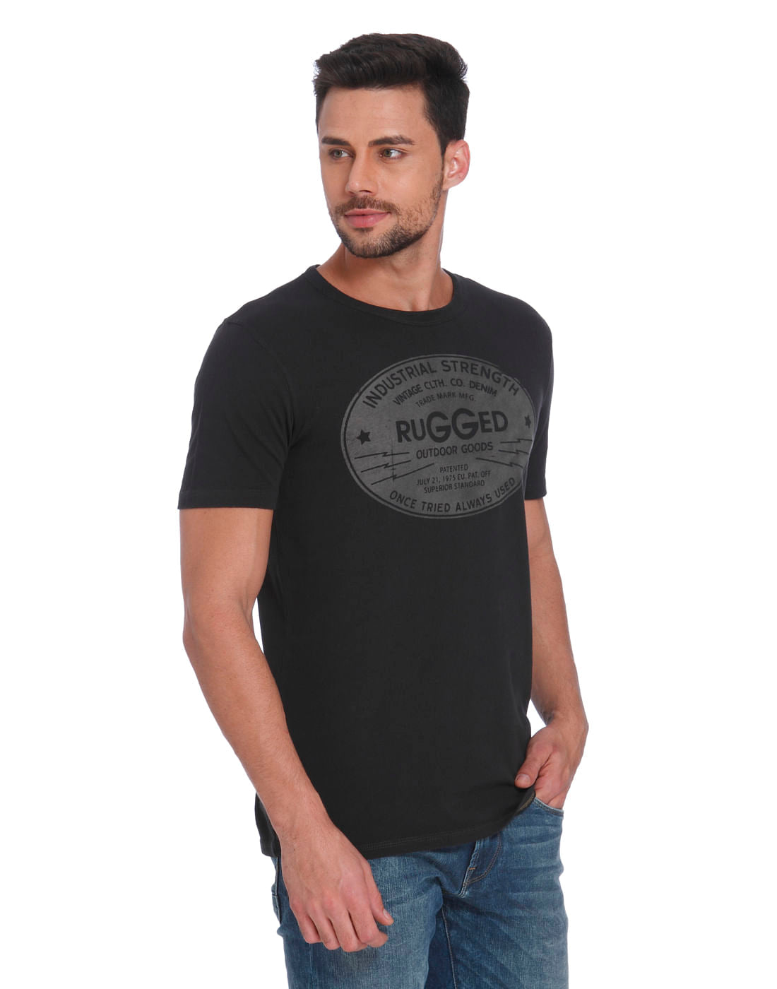 Black Text Print Crew Neck T-Shirt