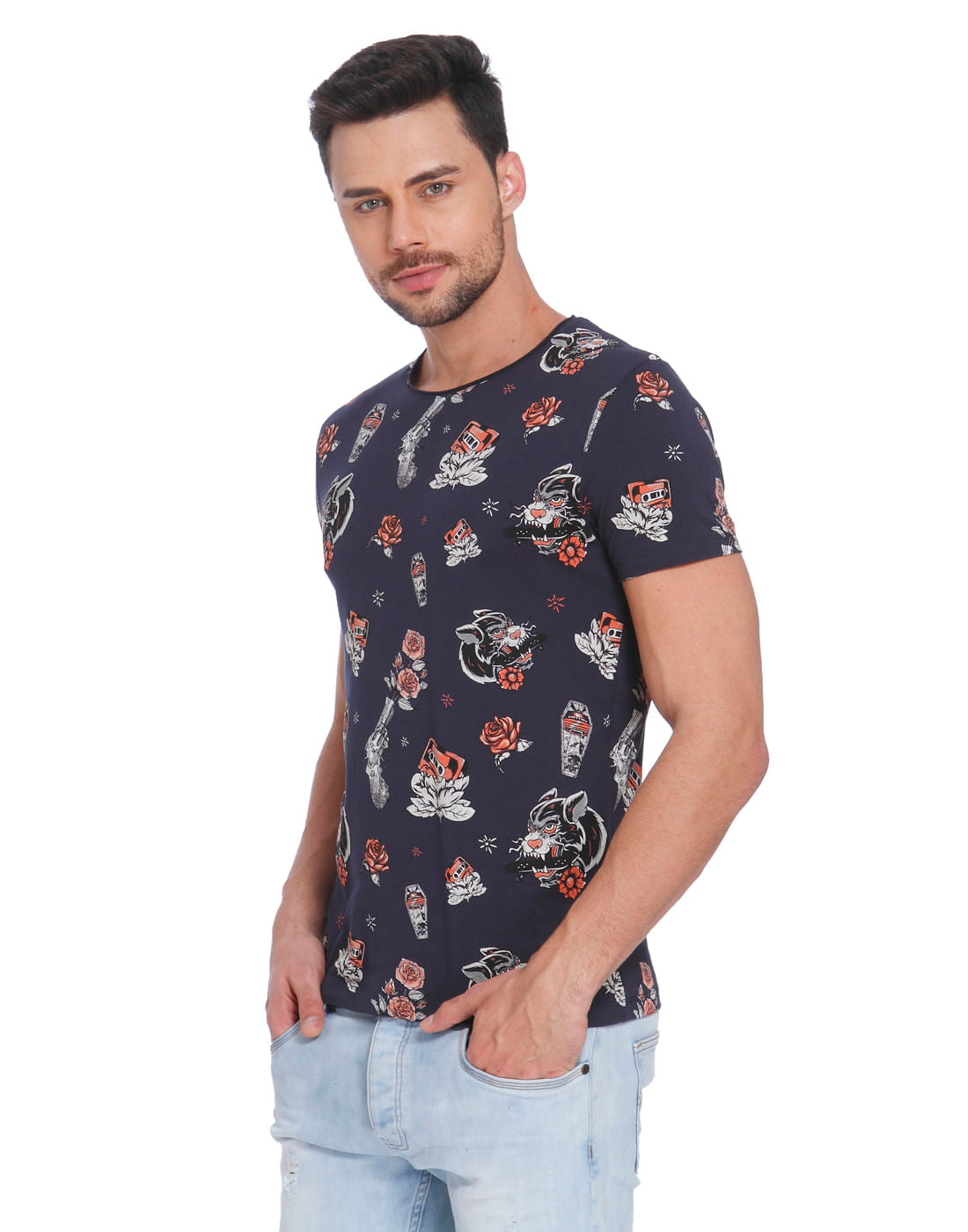 Blue All Over Print Crew Neck T-Shirt