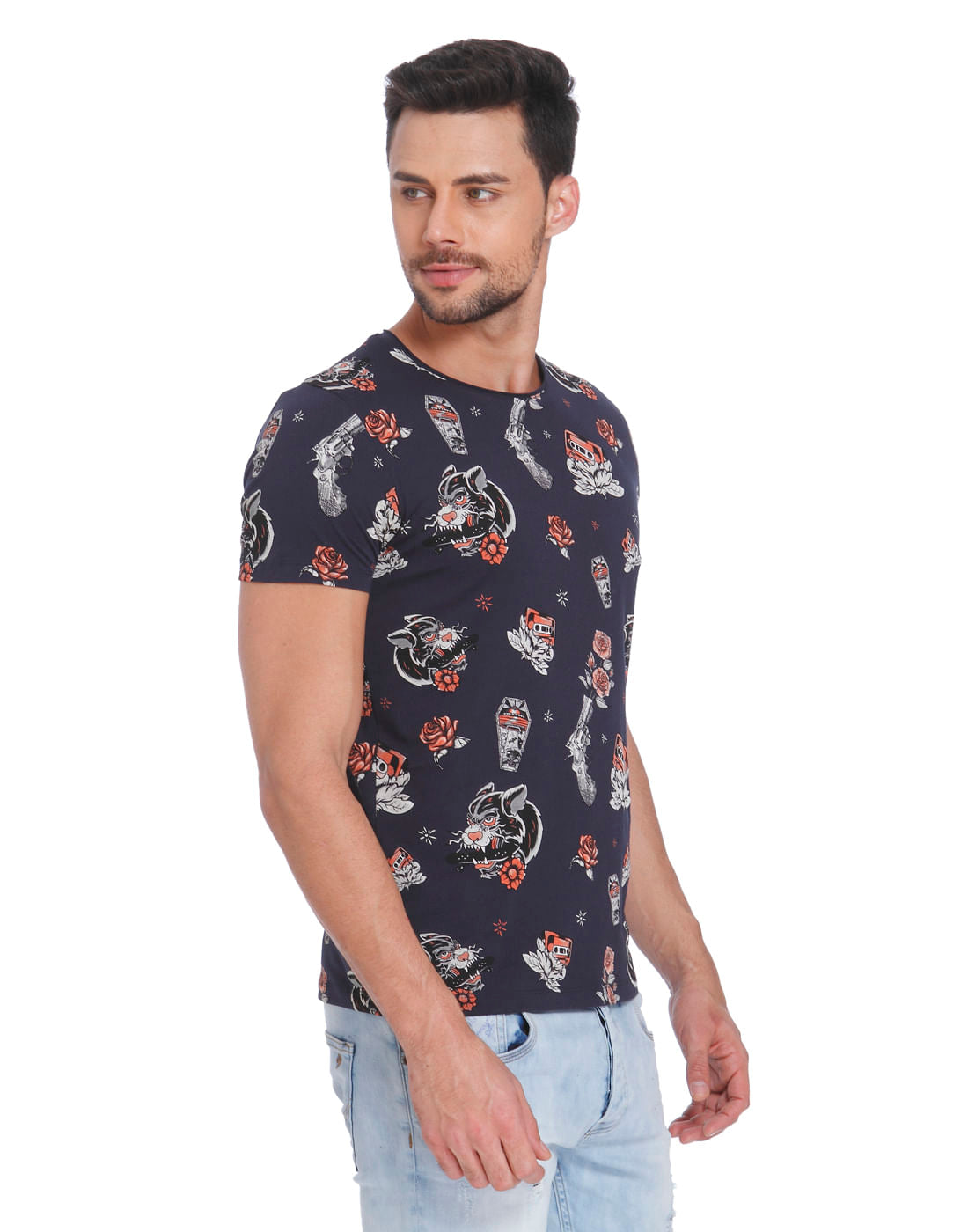 Blue All Over Print Crew Neck T-Shirt