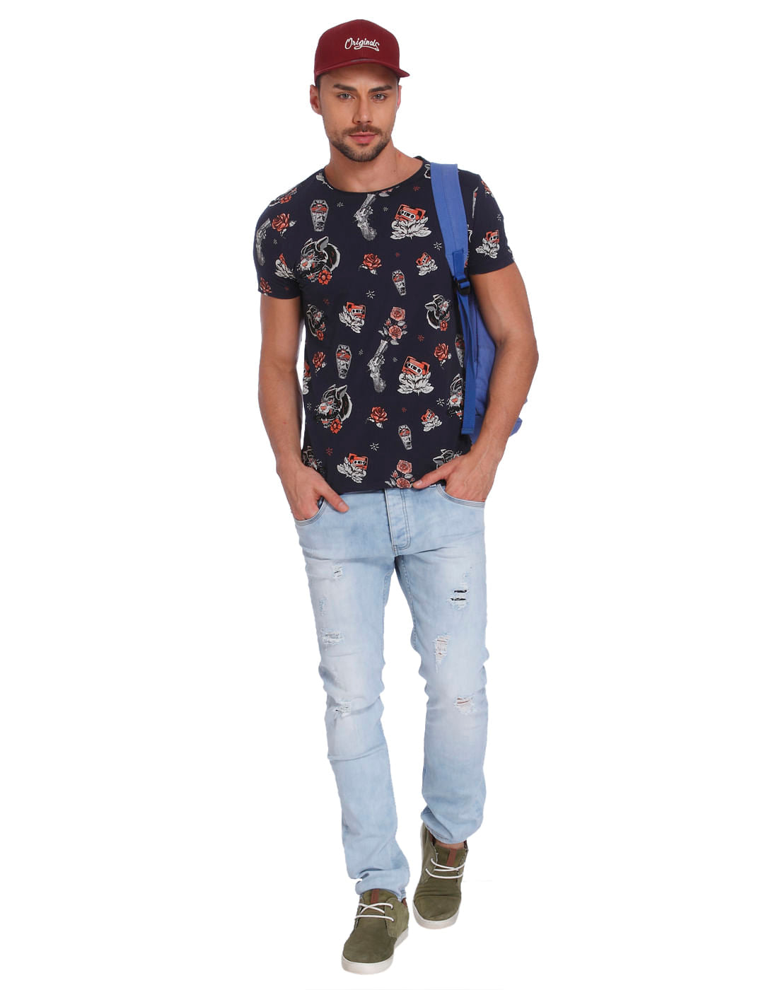 Blue All Over Print Crew Neck T-Shirt