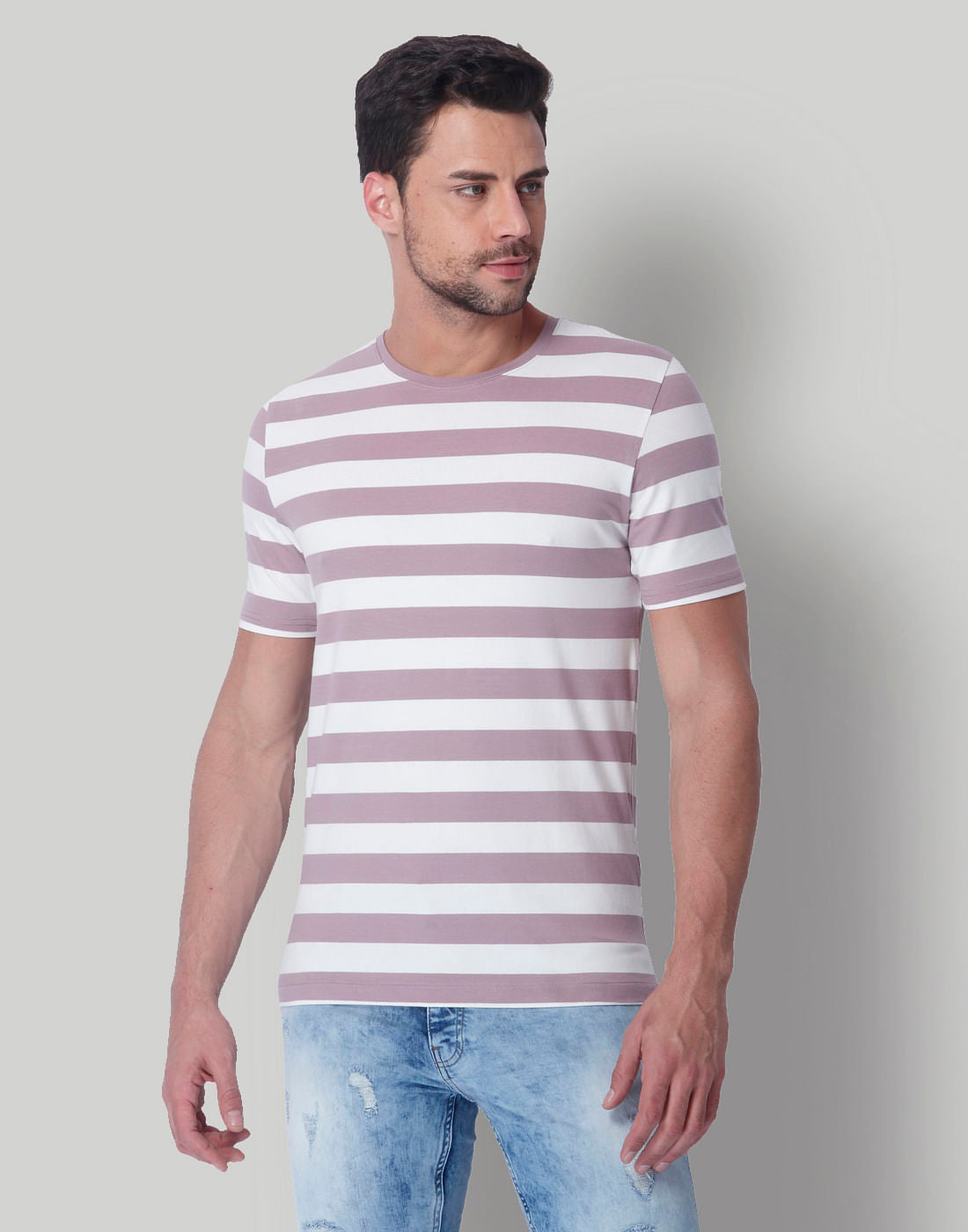 Mauve Striped Crew Neck T-Shirt - S