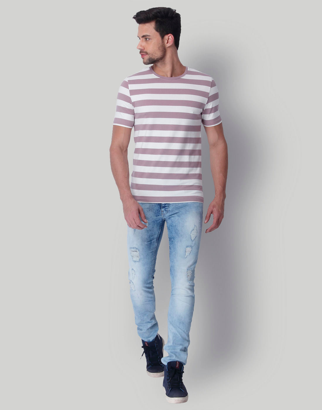 Mauve Striped Crew Neck T-Shirt