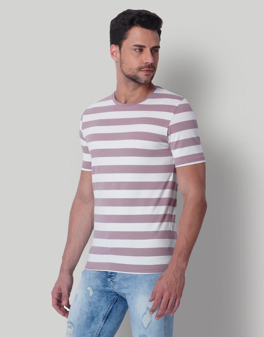 Mauve Striped Crew Neck T-Shirt