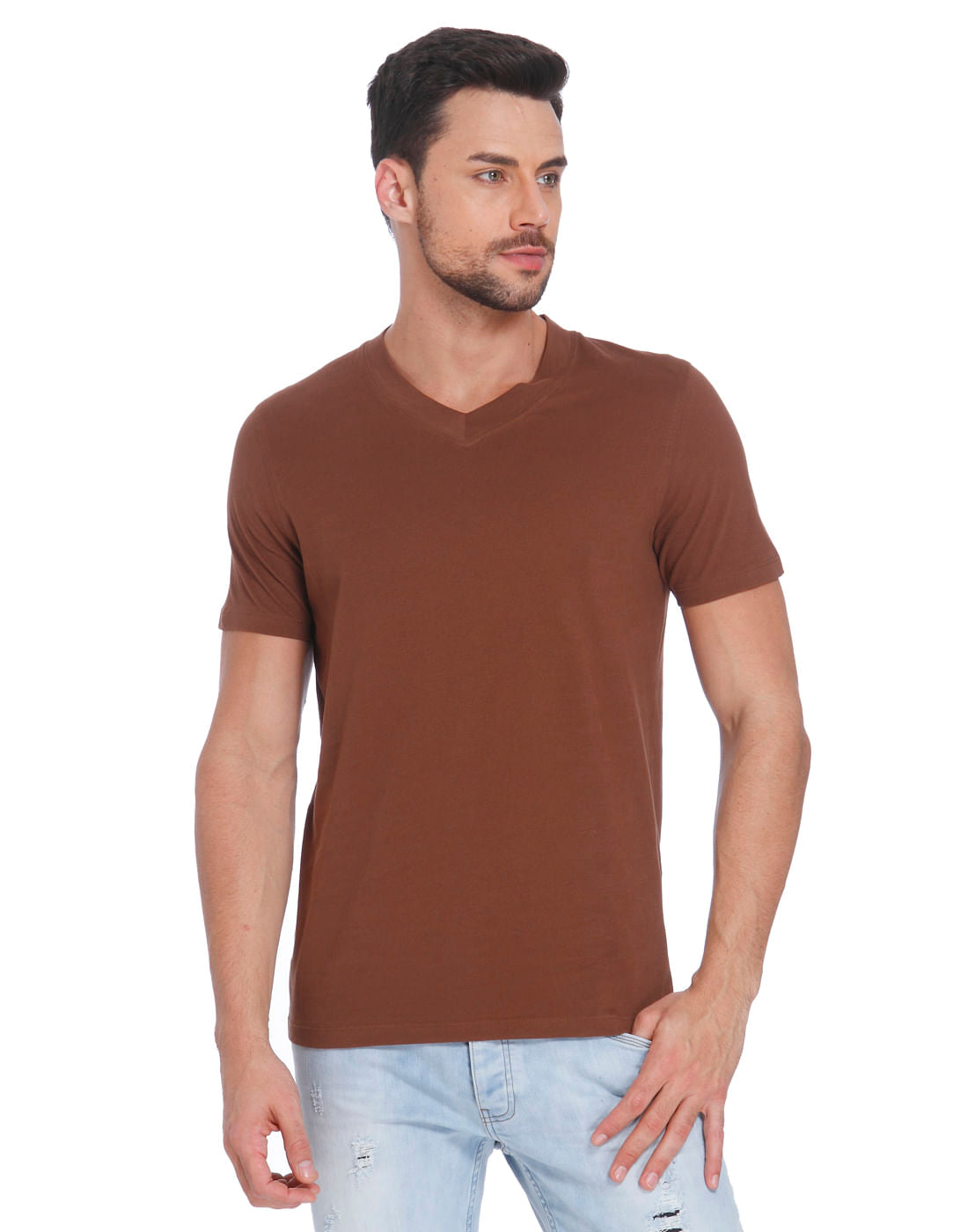 Brown V-Neck T-Shirt - S