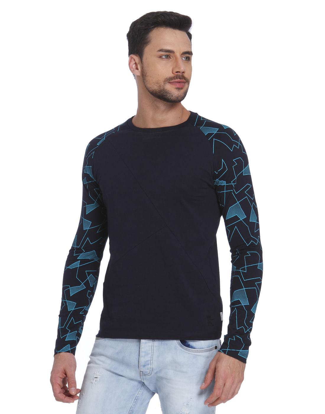 Dark Blue Printed Sleeved Crew Neck T-Shirt - S