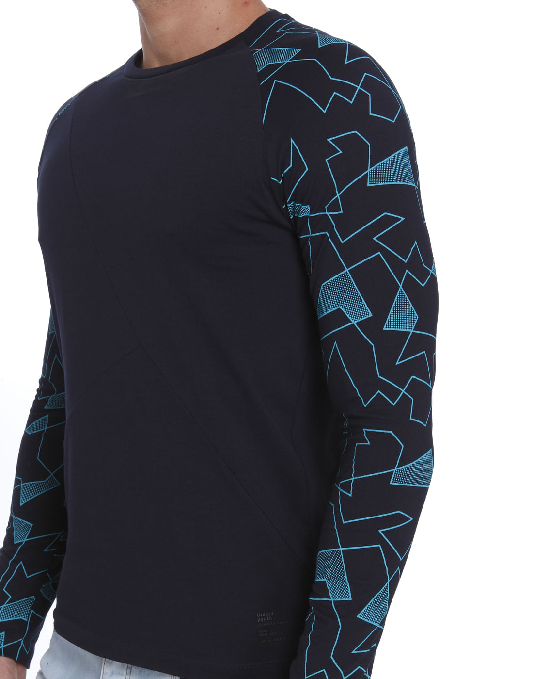 Dark Blue Printed Sleeved Crew Neck T-Shirt