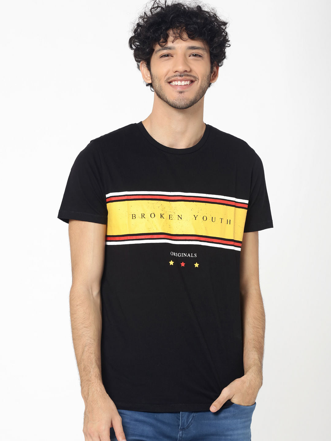 Black Text Print Crew Neck T-Shirt - S